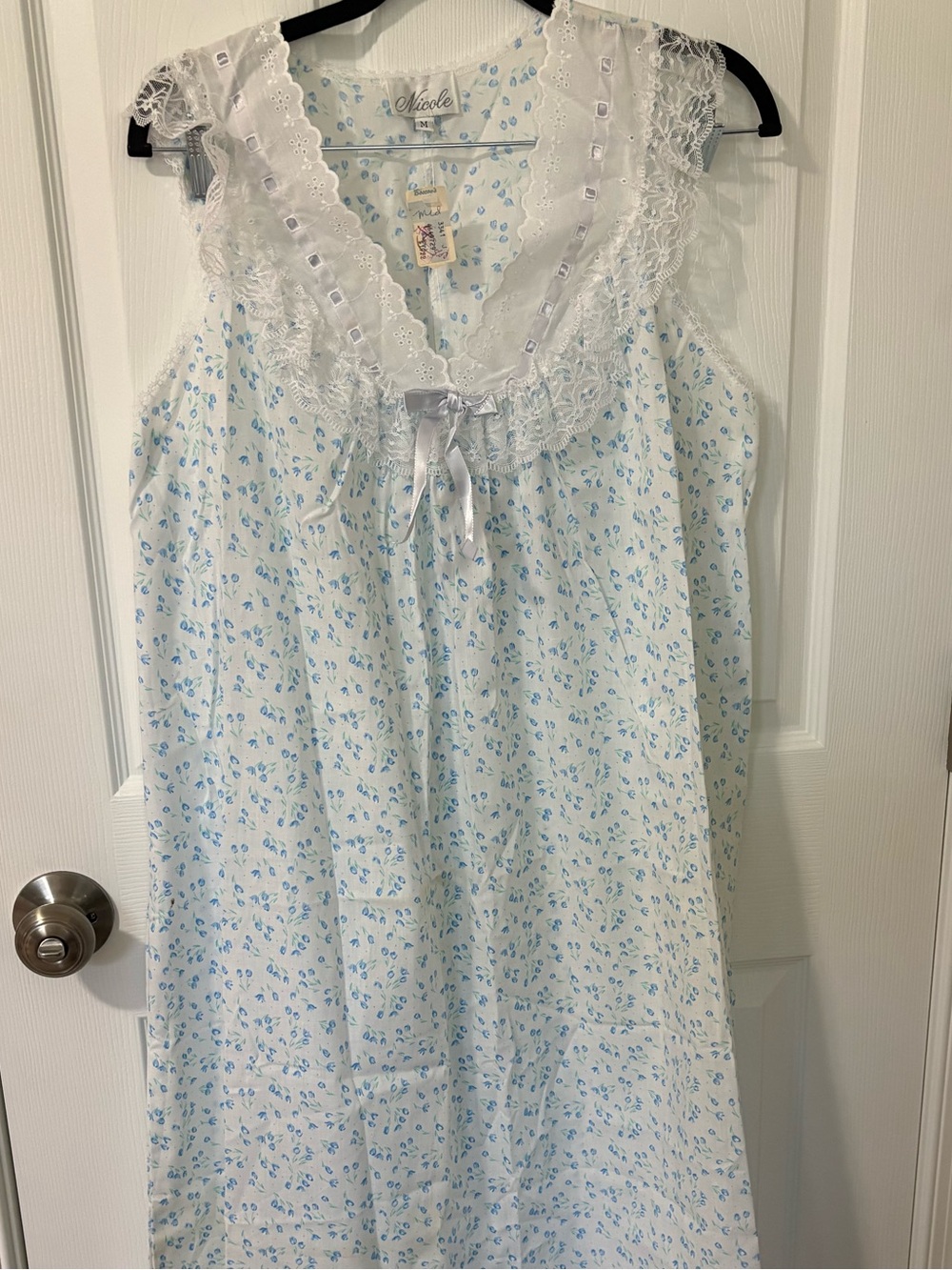garmin Light Blue Floral Cotton Nightgown with Lace Trim
